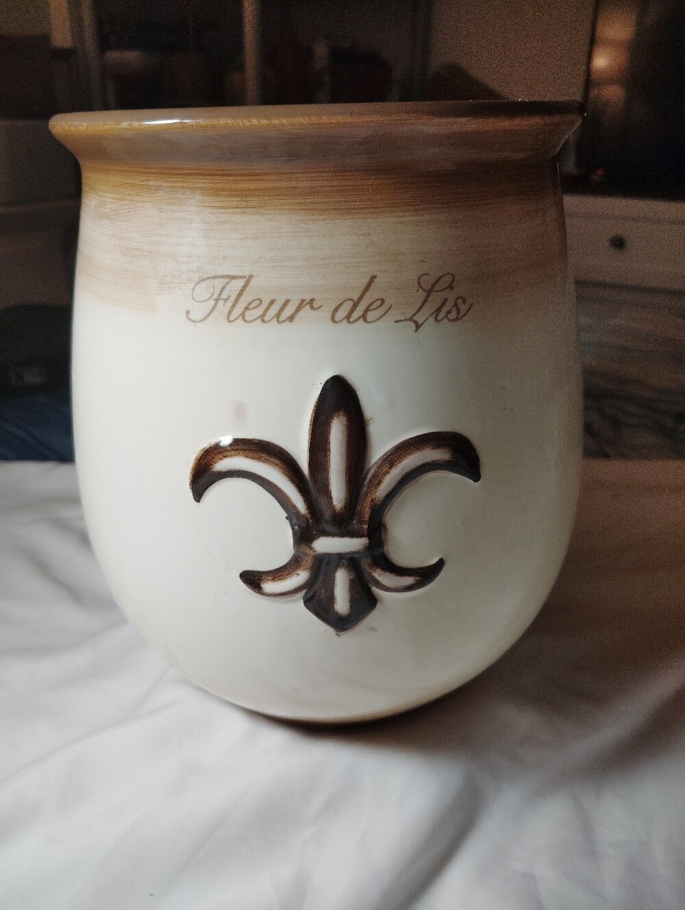 vintage Beau Rivage Fleur-de-lis Cream/Brown Ceramic Kitchen Jar 1gal 8"